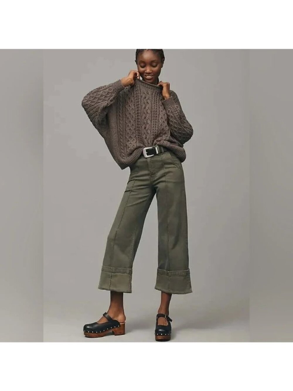 Anthropologie Pilcro Olive Green Seamed Wide Leg Cuffed Crop Pants Womens 32